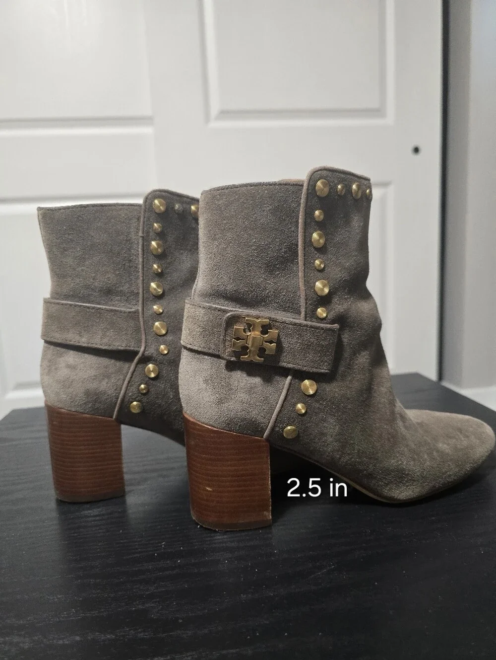 TORY BURCH Women's Suede Gray Ankle Boots with Gold Studs